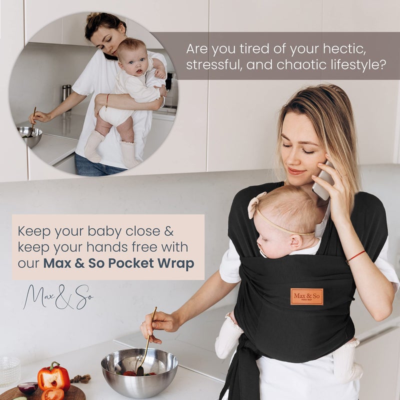 Max&So Baby Wrap Carrier - Premium Cotton Baby Carrier Wrap for Newborn to Toddler- Infant Carrier- Baby Holder One Size Fits All with Front Pocket (Black) by Max&so - Image 2